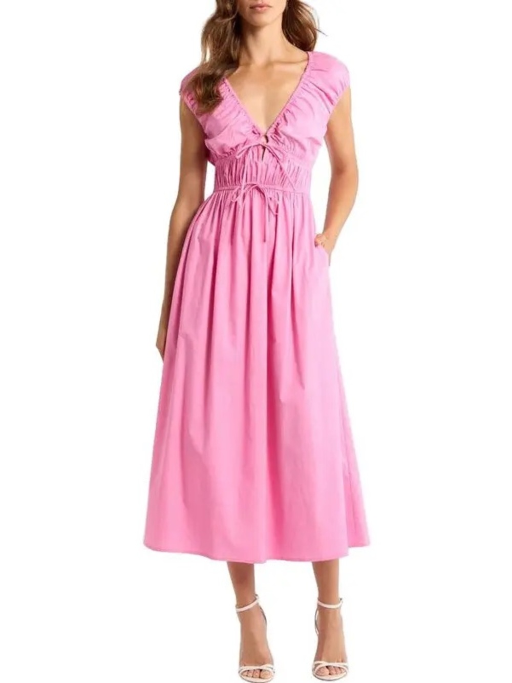 WAYF Liv Ruched Stretch Cotton Poplin Midi Dress Pink Size XS NWOT